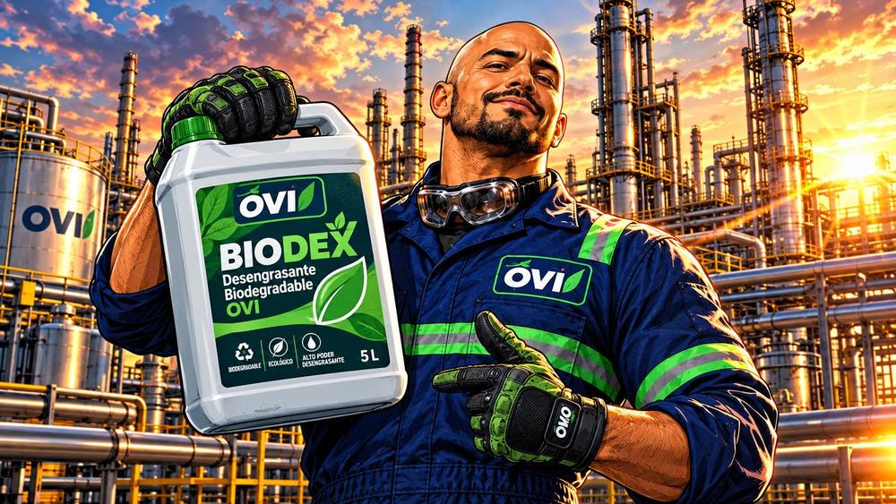 Mr. OVI con un galón de Biodex frente a una refinería