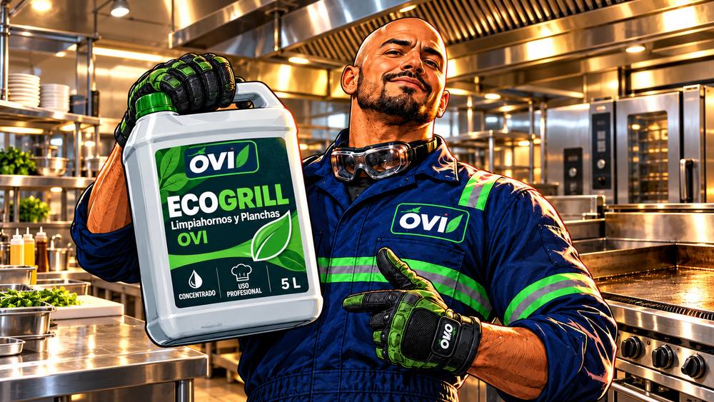 Mr. OVI con un galón de Ecogrill en una cocina industrial