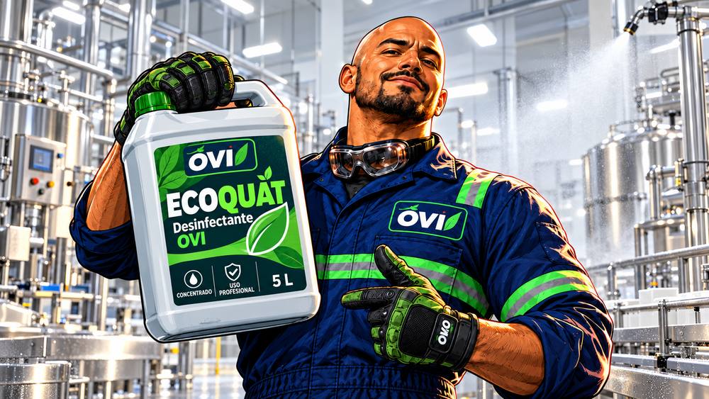 Mr. OVI con un galón de Ecoquat en un área de proceso desinfectada