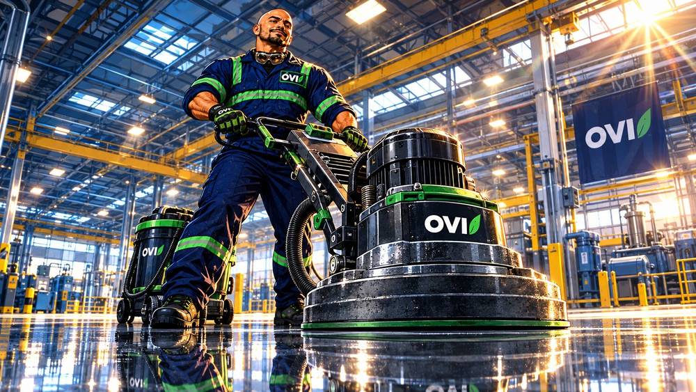 El héroe OVI con fregadora industrial en una planta