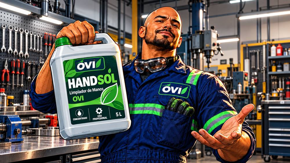 Mr. OVI con un galón de Handsol en un taller