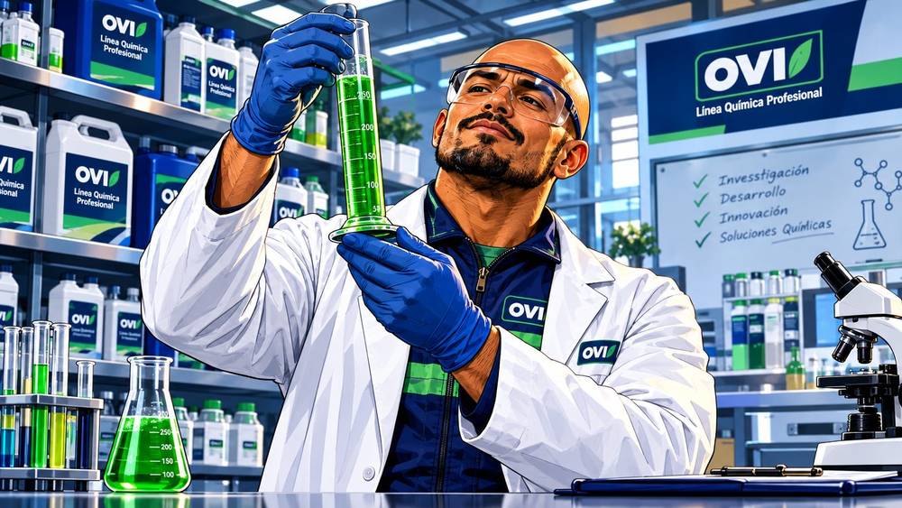 El héroe OVI midiendo una dilución en el laboratorio de la Línea Química Profesional OVI