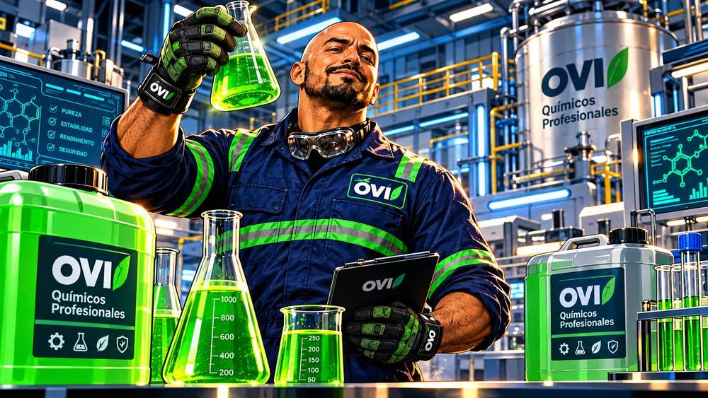 El héroe OVI en el laboratorio con galones de OVI Químicos Profesionales