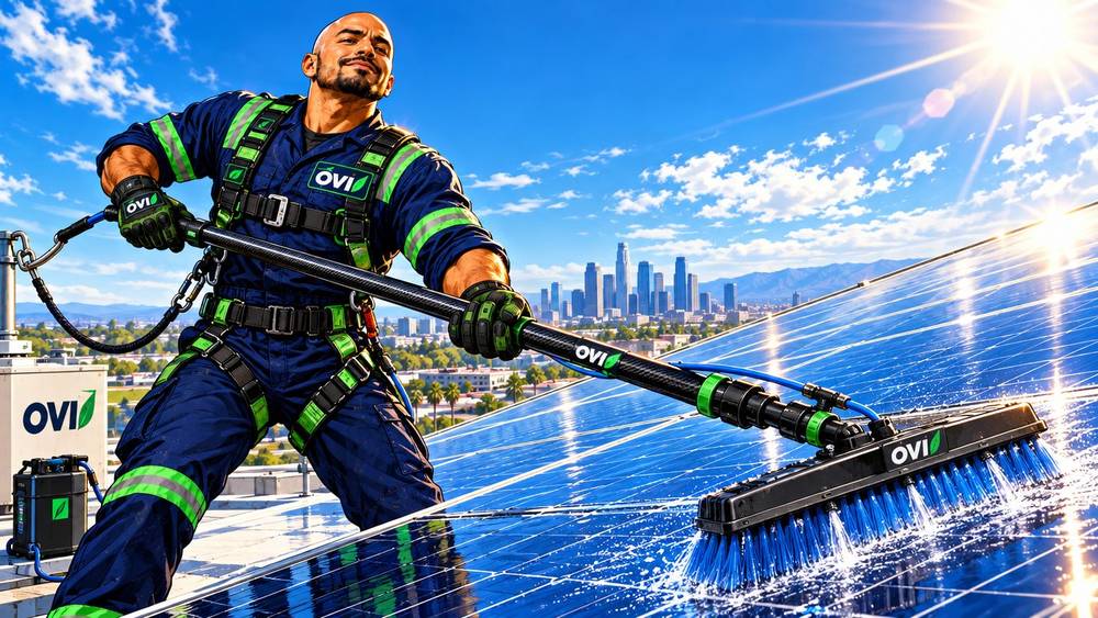 El héroe OVI limpiando paneles solares